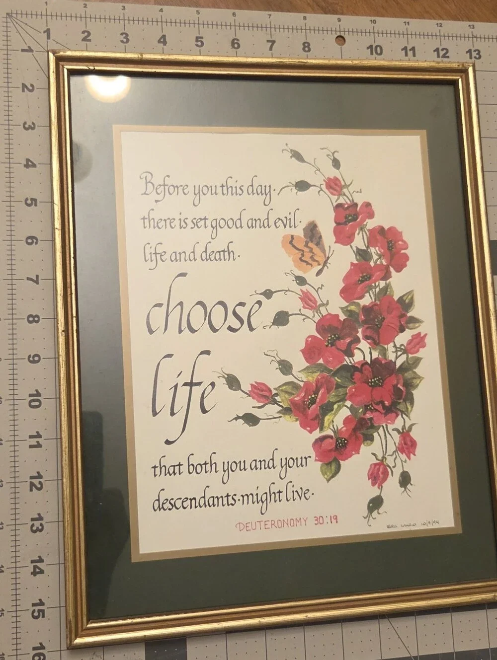 Vintage 1994 Christian Wall Art Deuteronomy 30:19 Hand Painted Signed Floral Art
